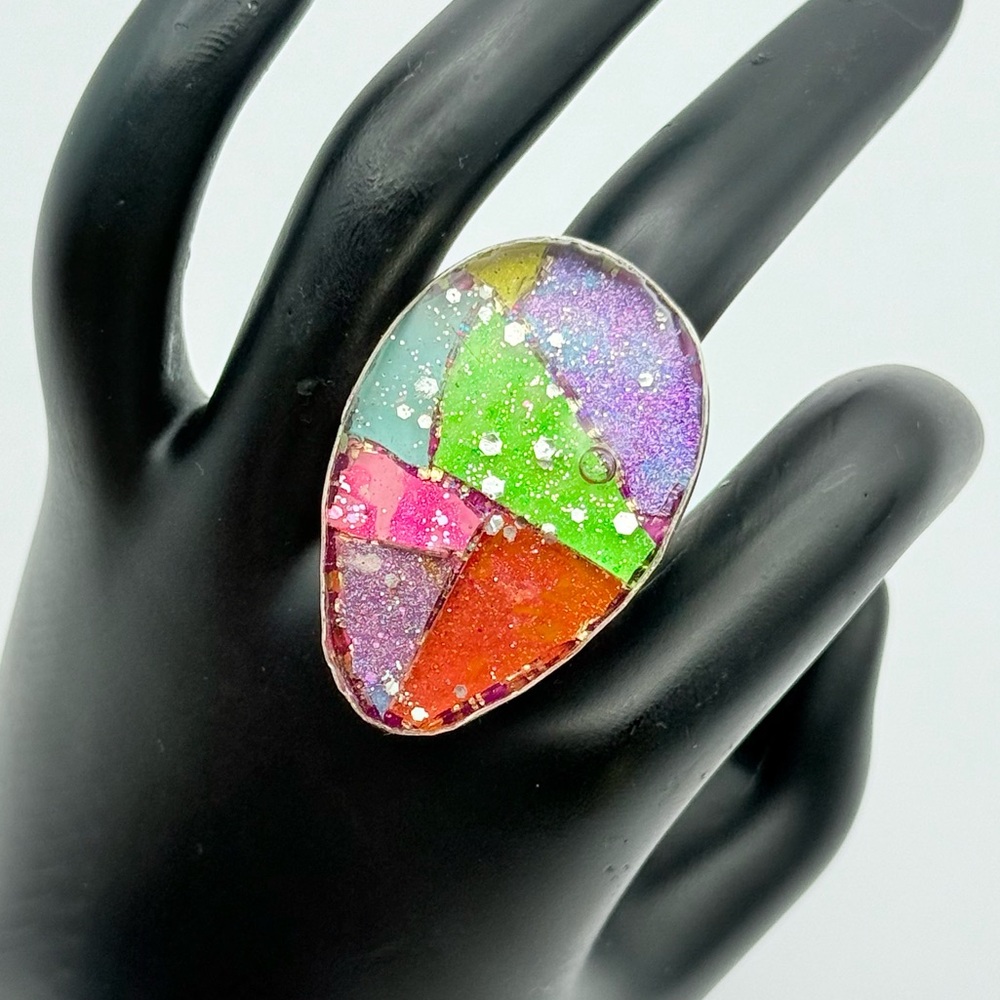 CCT Chez Clayton Tsosie Sterling Silver Statement Ring - Colorful Art Glass
